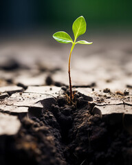 Visualize a seedling, a young plant, sprouting from a crack in a boulder or concrete ground. - obrazy, fototapety, plakaty
