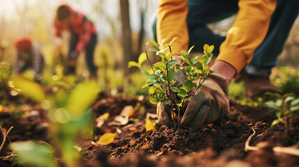 Close-up of young woman planting seedlings in the garden. Selective focus