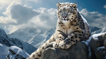 Fototapeta premium A snow leopard with fluffy fur in a mountainous landscape, capturing its elegance generative ai