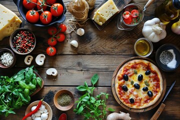 Fototapeta na wymiar Artfully Arranged Pizza Ingredients Flat Lay on a Wooden Background. A Delicious Pizza Takes Up Half of the Wooden Table, While the Other Half Offers an Empty Space for Text, Copy Space for Promotions