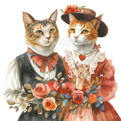 Lady and gentleman. A pair of drawn vintage cats in retro clothes. Couple of cats in love with red roses. Isolated on a transparent background.