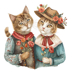 A couple of cats in love in retro clothes with red roses. Isolated on a transparent background.