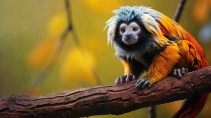 Fototapeta premium A tamarin monkey with vibrant colors on a jungle branch, emphasizing its small size and agility generative ai