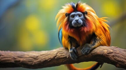 Naklejka premium A tamarin monkey with vibrant colors on a jungle branch, emphasizing its small size and agility generative ai