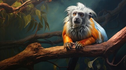 Obraz premium A tamarin monkey with vibrant colors on a jungle branch, emphasizing its small size and agility generative ai