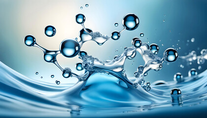 Cosmetic essence, liquid water molecules, molecules inside liquid against DNA water splash background, 3d rendering