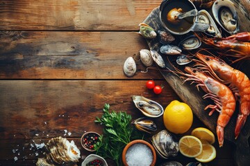 Gourmet Seafood Display: A Tempting Banner Featuring Fresh Seafood - Fish, Shrimp, Crab - with a Blank Space for Text, Perfect for Culinary Presentations.

