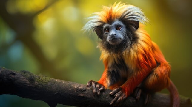 A tamarin monkey with vibrant colors on a jungle branch, emphasizing its small size and agility generative ai