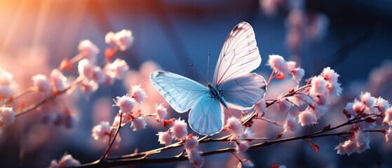 Elegant butterfly dances between blooming blossoms.
