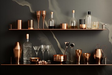 A luxurious bar setup at home with cocktail making accessories