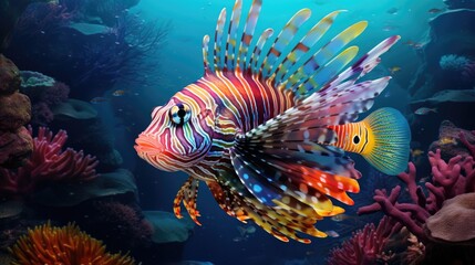 A tropical fish with shiny scales in a coral reef, highlighting the diverse colors underwater generative ai
