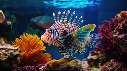 Naklejka na ściany i meble A tropical fish with shiny scales in a coral reef, highlighting the diverse colors underwater generative ai