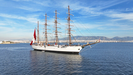 Aerial drone photo of beautiful 3 mast barque or barc type classic sailing wooden boat with huge...