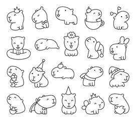 Cute cartoon kawaii capybara. Coloring Page. Animal funny characters. Hand drawn style. Vector drawing. Collection of design elements.