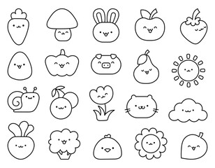 Kawaii cartoon farm characters. Coloring Page. Cute animals, nature, vegetables, fruits, flowers. Hand drawn style. Vector drawing. Collection of design elements.