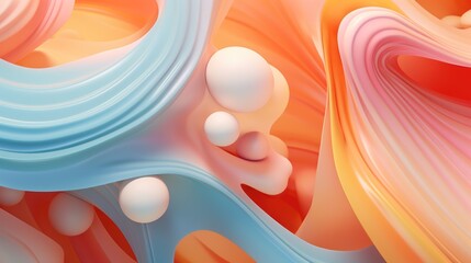  a close up of an abstract painting with a blue, orange, and pink color scheme and a white ball in the center of the image.