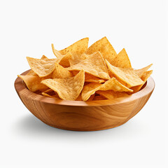 tasty tortilla chips in a wooden bowl with transparent background created with Generative Ai