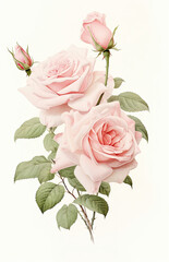 Three Pink Roses with Green Leaves on a White Background