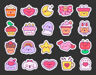 Cartoon cute happy kawaii characters. Sticker Bookmark. Lifestyle. Hand drawn style. Vector drawing. Collection of design elements.