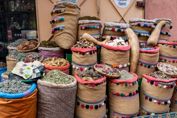 Spices, medicinal and aromatic herbs for sale in a specialist shop in the souk in Marrakesh