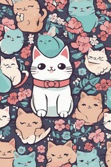 Multicolored cats pattern with a central white cat