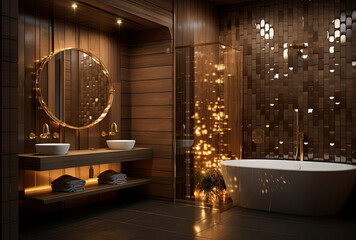 A Modern Bathroom with a Stylish Bathtub, Sink, and Mirror