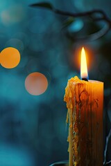 A blue backdrop with a yellow candle in it
