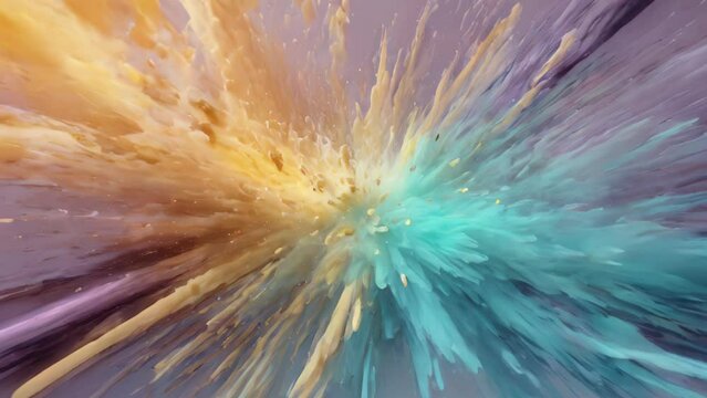 Colorful particle explosion, yellow blue and lilac paint 