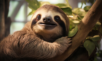 Fototapeta premium Cheerful Sloth Hanging on a Tree in a Lush Green Jungle Environment