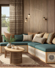 home interior design modern living room with corner sofa, pillows, blankets. flower vase, coffee table. generative ai