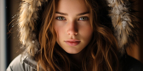 Serene beauty portrait of a young woman in a winter hooded coat against a snow-white background