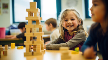 Cheerful young girl with a beaming smile playing Jenga in a classroom, capturing the essence of learning through play and interaction