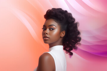 Stunning Black woman with elegant curly hairstyle, white attire, against a gradient pink background, embodying grace and modern beauty.