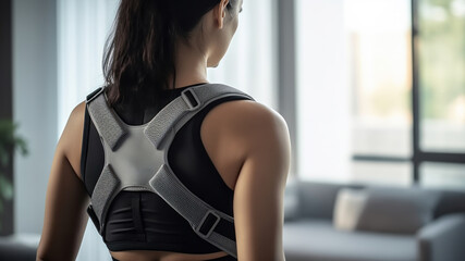 Rear view of a woman wearing a posture-correcting brace, focusing on spinal health and ergonomic support for an active lifestyle - obrazy, fototapety, plakaty