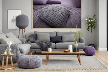 home interior design modern living room with corner sofa, pillows, blankets. flowervase, coffeetable