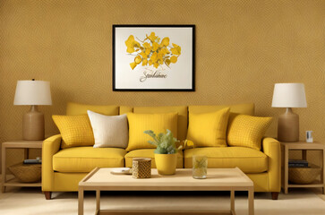 home interior design modern living room with corner  yellow sofa, pillows, blankets. flower vase, coffee table. generative AI
