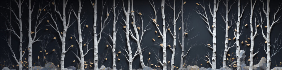 A birch tree with stark white bark, its intricate branches against a midnight black wall, creating a captivating 3D visual.