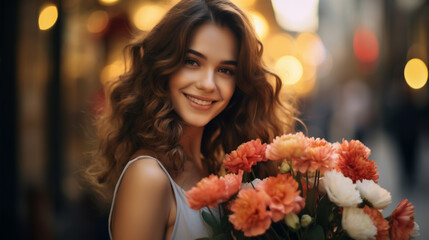 Portrait of a pretty woman with a bouquet of beautiful flower. Beautiful flower Gift to a woman. Girl in the street with flowers.