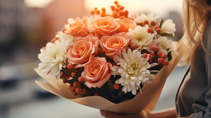 Close up of beautiful flower bouquet on woman's hand. A Gift and a gift box for woman. Luxury Flower Bouquet