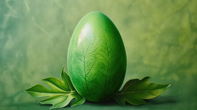 a painting of a green egg with a green leafy decoration on the top of it, on a green background.