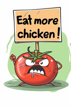 An angry tomato holding a sign "Eat more chicken!", simple background, in the cartoon style