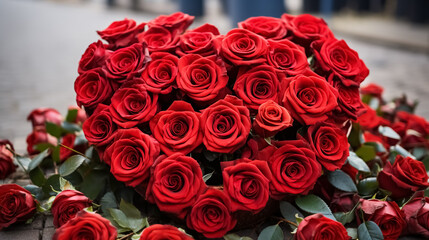 Red Roses Bouquet. Gift on Valentine's Day and International Women's Day. Big Beautiful shape of heart created with roses. Bouquet in the street with rose. A nice gift to women. - obrazy, fototapety, plakaty