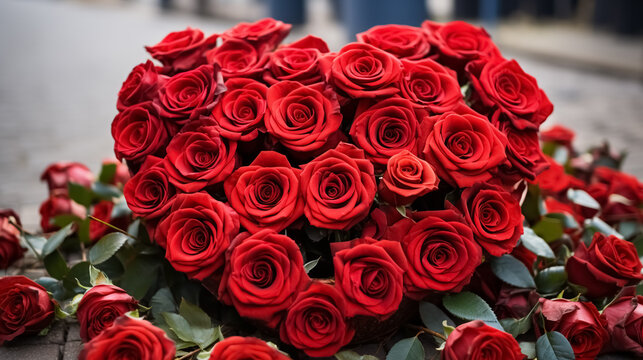 Red Roses Bouquet. Gift on Valentine's Day and International Women's Day. Big Beautiful shape of heart created with roses. Bouquet in the street with rose. A nice gift to women.