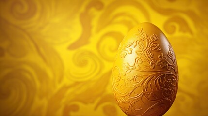  an easter egg sitting on a table in front of a yellow wall with swirls and swirls on it.