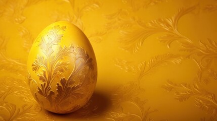 a yellow painted egg sitting on top of a yellow floral pattern wallpapered wall next to a yellow wall.