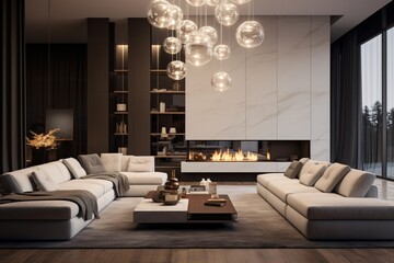 A luxurious chandelier in a spacious living room of a luxury apartment