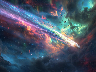 Fototapeta na wymiar comet breaking apart in the sky, mesmerizing array of colors, fragments glowing differently