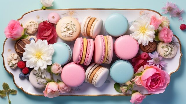  a platter of macaroons and flowers on a blue background with pink and white flowers on the side.