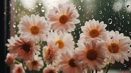 Daisies pressed against a window, illuminated in a soft glow.