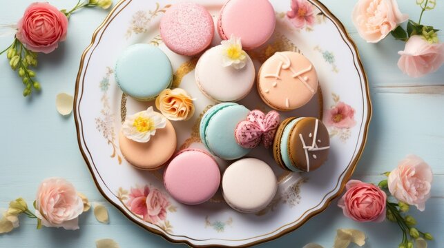  a white plate topped with macaroons covered in frosting next to pink flowers and a bouquet of flowers.